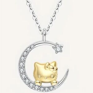 925Silver Hello Kitty Moon Necklace, Crescent Moon Hello Kitty Necklace